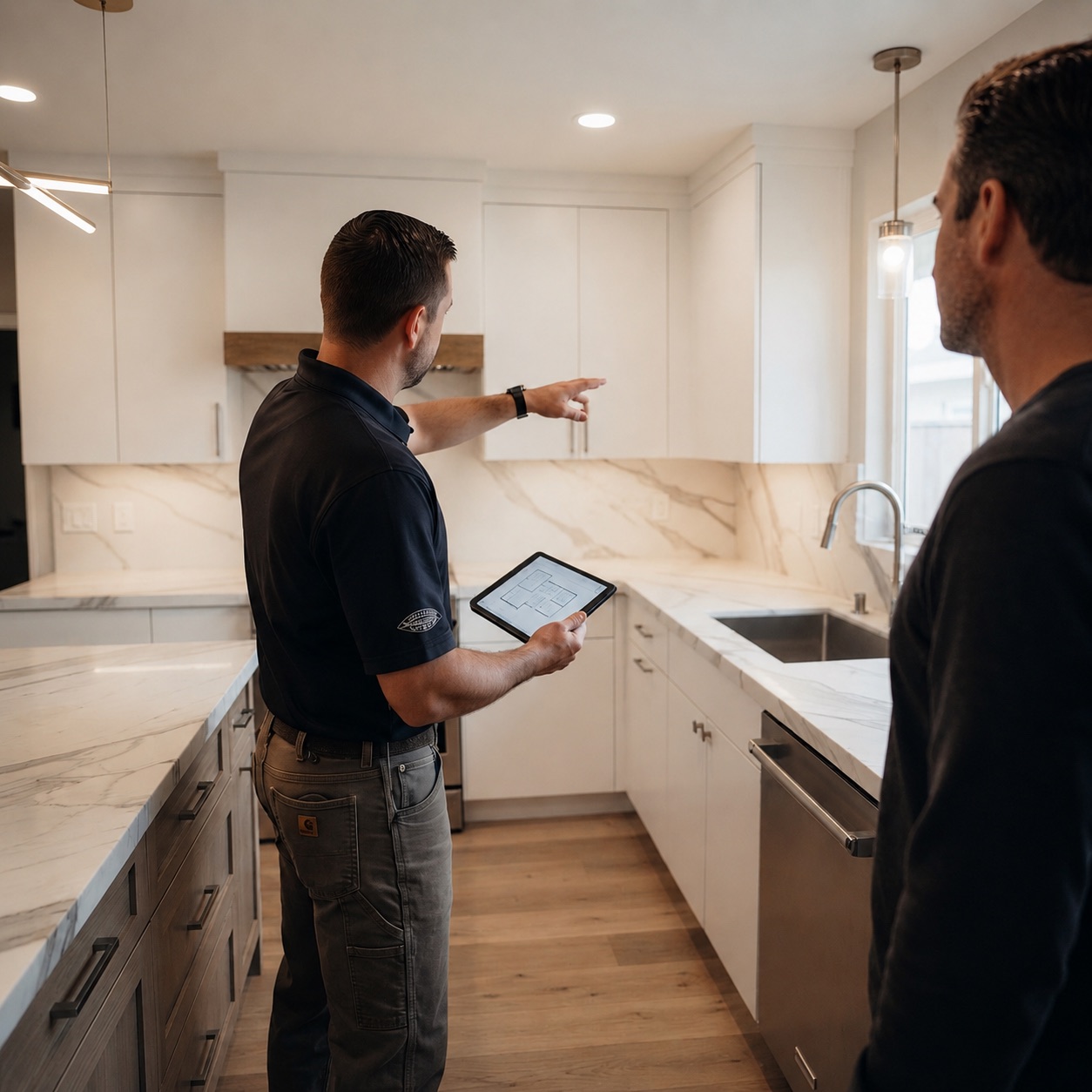 Galvan contractor reviewing remodel plans on a tablet with a homeowner in a finished kitchen